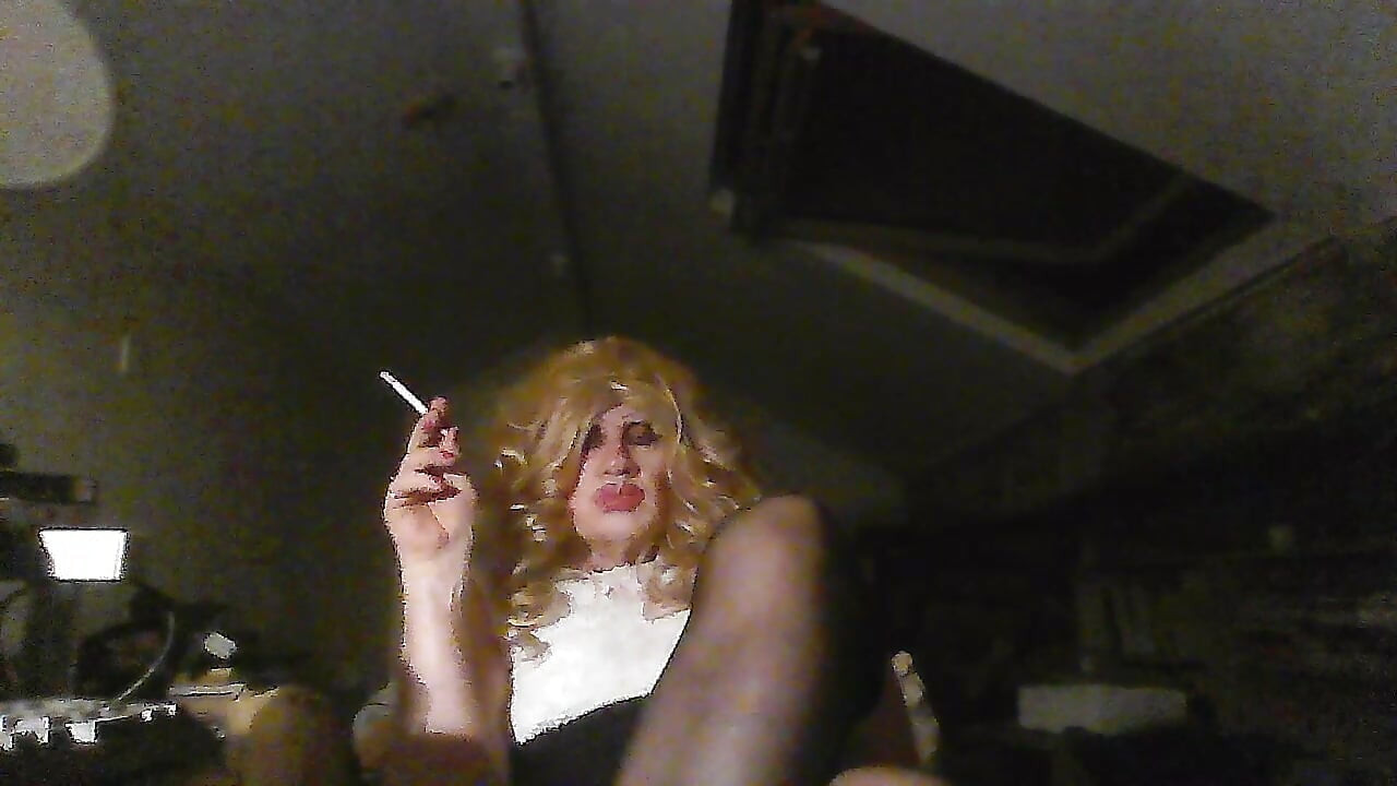 Slag trash Sarah smoking in a designer dress for a special occasion, but  can't resist exhibiting herself for cock