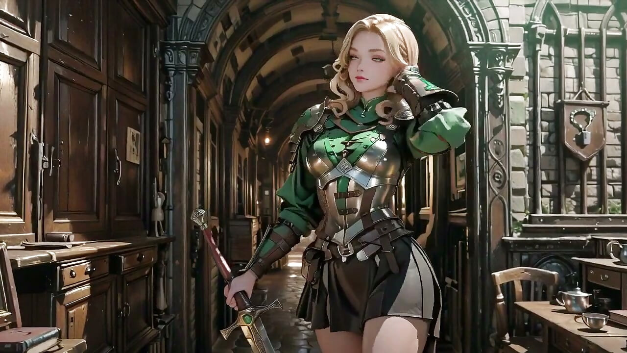 Фантазия средневекового рыцаря! Green Armor и Wet Secrets, стоя на коленях в библиотеке, глядя на тебя, рука на груди соблазняет