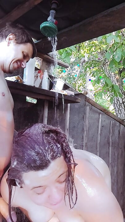 Outdoor Shower Blowjob Big Tits POV Wet Closeup