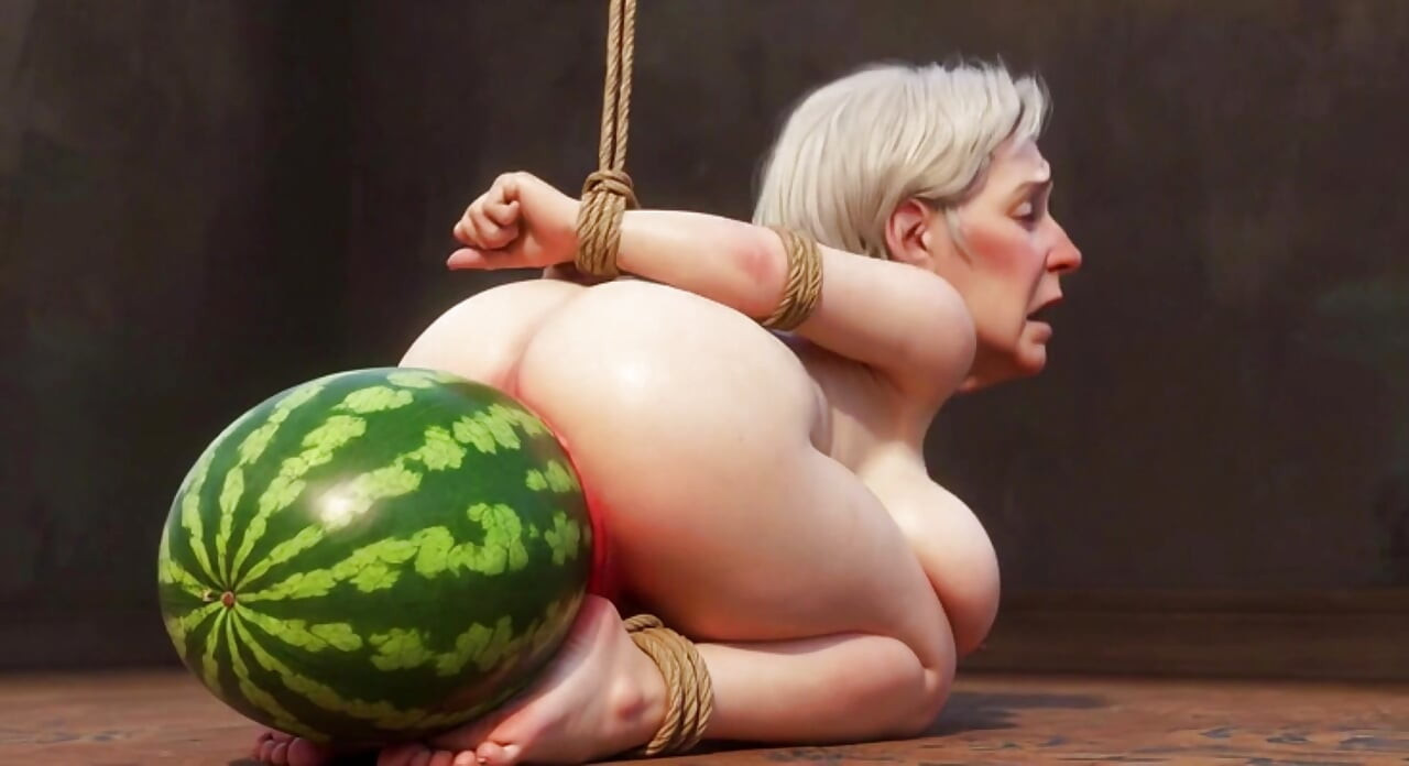Old Granny Bound with Huge Watermelon in Ass - Hurt & Orgasm