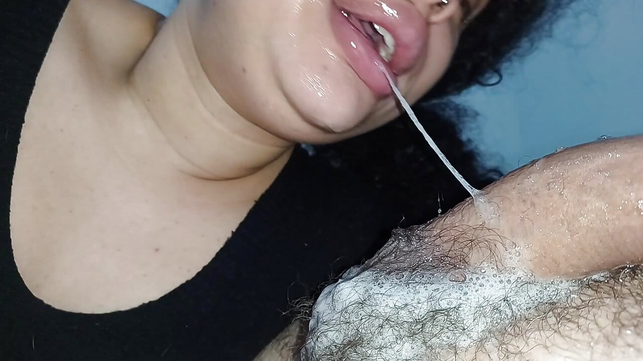 THIRSTY AND DEEP THROAT, slut loves to roll her little mouth on the stalk of his hard cock