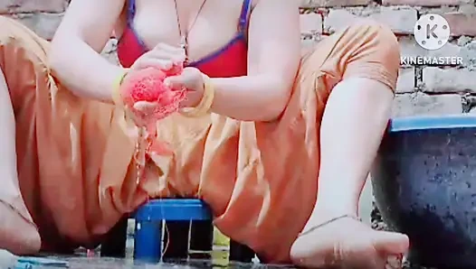 Her boyfriend is after another girl. This young and hot girl gets an idea to get her boyfriend back. She goes to the bathroom and