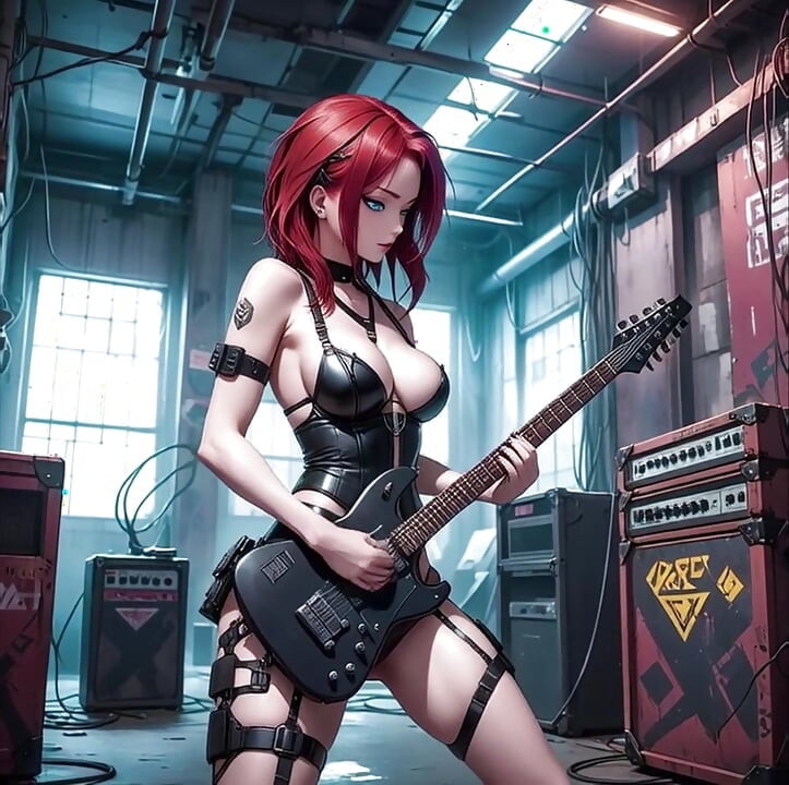 Sexy Anime zrzka hraje na kovovou kytaru AI hudební video