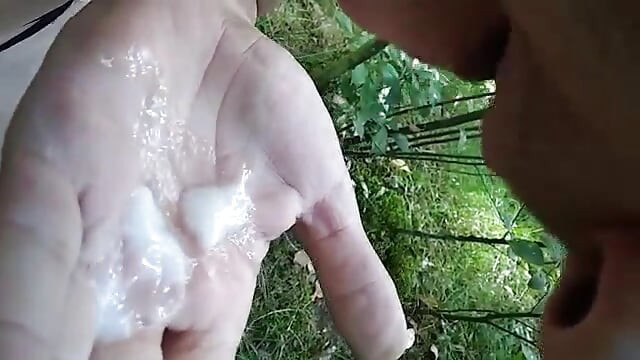 Walk in the woods, cumshot on hand, licking your.
