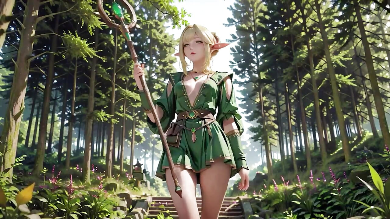 Forest Elf Queen! Kneeling in the dappled sunlight, her fingertips tracing the staff as she gets wet.