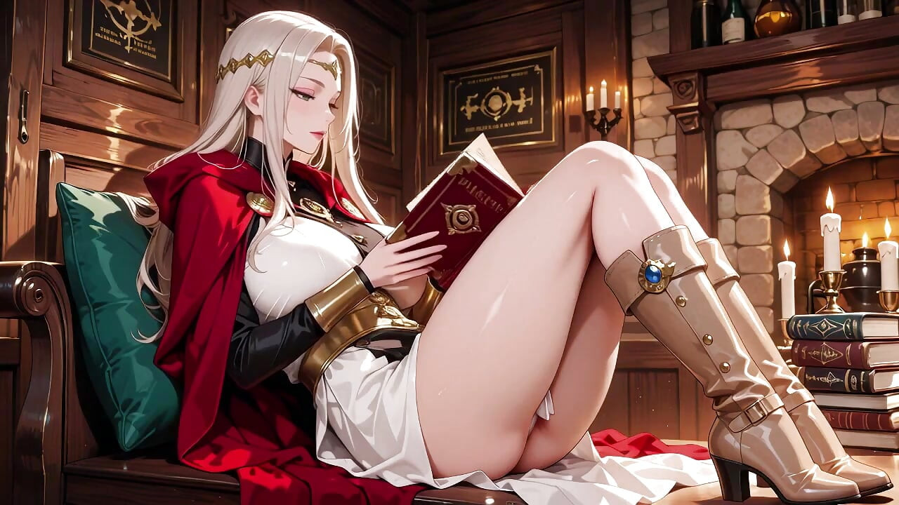 Languid Lectură într-o bibliotecă gotic, Halat alb și Red Cape, mâna odihnindu-se grațios cu ochii pe jumătate închis.