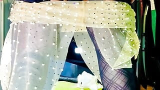 ts shemale in high heels very sexy black stocking lingerie  showing his panties outside