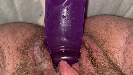 Slut with hairy pussy creams AND squirts on 8 inch dildo