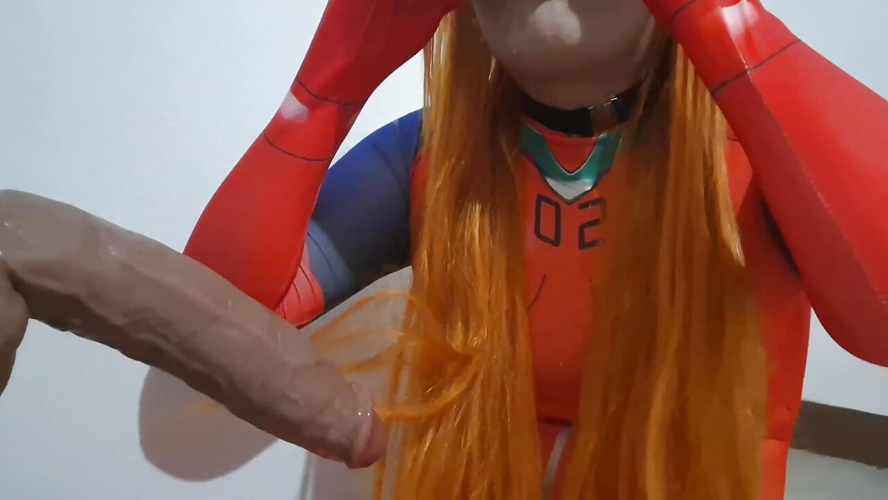 Pretty Trans Asuka Eating Cum and Giving a Blowjob to a Dildo while she uses a Extreme BDSM Nosehook