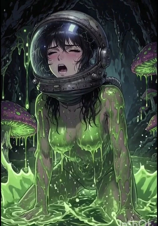 Eine Astronautin hat sich auf einem fremden Planeten verlaufen anime Schleim alien