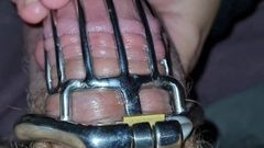 Wife teasing husband locked in chastity