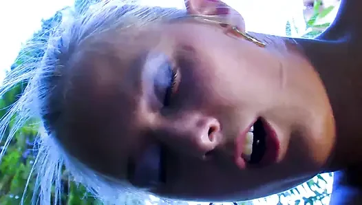 Sexy blonde girl pussy fucking fingering in the garden