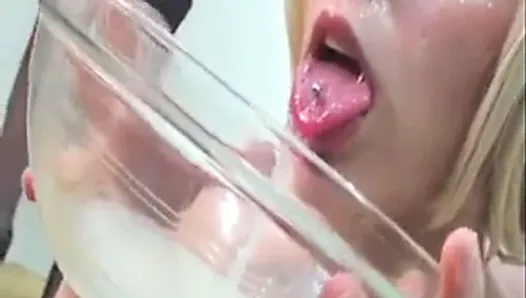 Spanish girl drinks bowl of cum