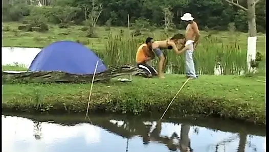 Two muscular studs fuck horny exotic blond's ass & amp pussy on grass