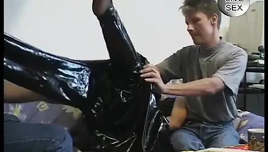 Stockinged blonde whore wearing high heels gets spitroasted and jizzed on tits