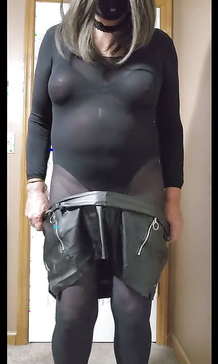 gay cd, black nylon, leather, tease, masturbate cum.