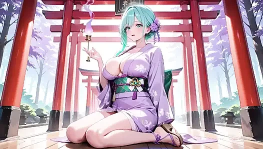 Der private morgen des grünhaarigen kimono-mädchens! Lila yukata leicht feucht, knien auf dem bett in einem japanischen zimmer