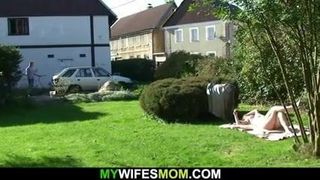 Cheating outdoor sex with girlfriends old blonde mother