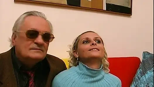 Old dude gives her slut to two big dicks