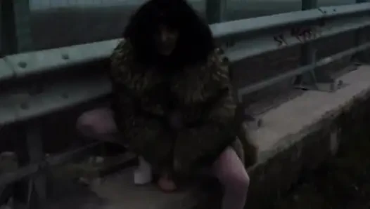 Horny MILF Stuffing Huge Dildo in Highway Adventure