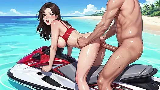 A beautiful woman in a Korean-style comic style, a Korean beauty, on a beautiful seaside motorboat! New style,   AI generated