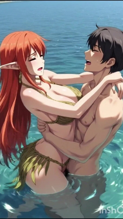 Redhead anime hentai girl fucks in the water | Clip 2