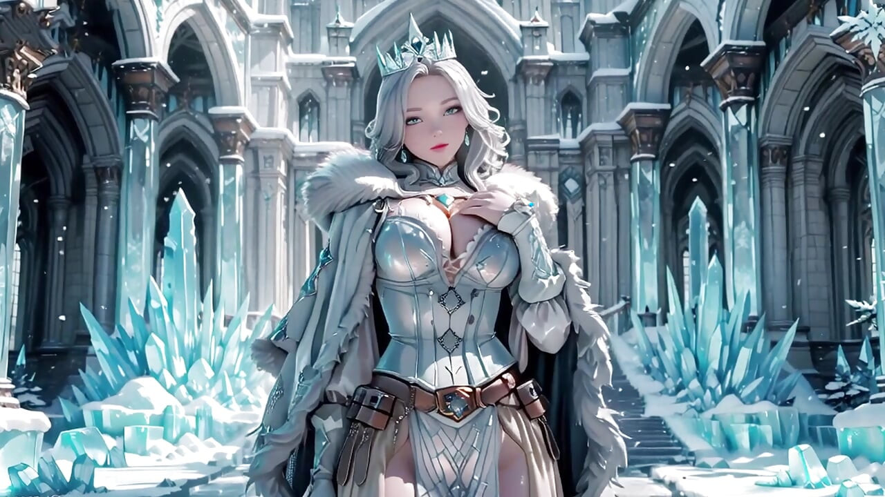 Silver-Haired Ice Queen! Kneeling in the Frozen Castle, her cold armor hides so many secrets. Hand on chest, biting lips...