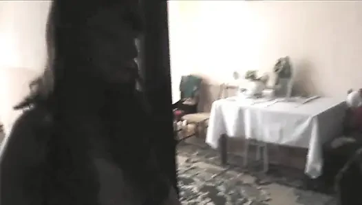 Solo young woman without panties in bathroom in morning, fingers masturbate wet pussy in bedroom to orgasm squirts, in kitchen
