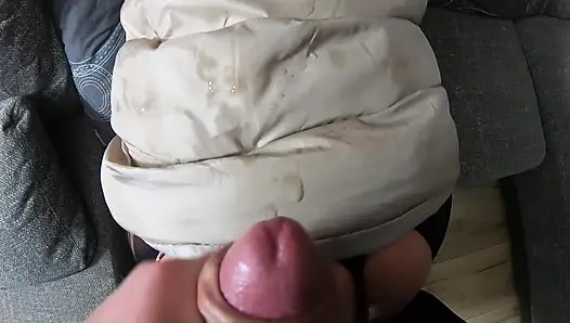 Ripped Pantyhose Slut in Puffy Downjacket. Blowjob, Doggy and Double Cum on My Coats