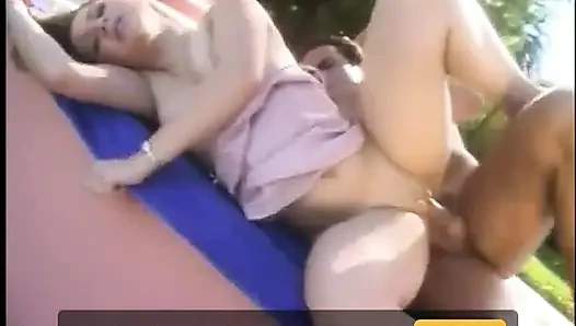 Horny Brunette Babe Rides a Big White Dick in Backyard