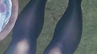 Housemaid cosplay girl with black pantyhose and highheels came back home with anal vibrator in and squirted with it.