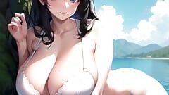 Hete babe met grote borsten in ai-porno met uitzicht op het meer