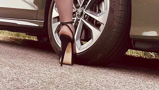 Crossdresser husband country flashing. High heels, stockings panties.  Wanking, but no cum yet.