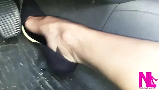 Sensual Driving in Black Suede Pumps with Thin Metal High Heels