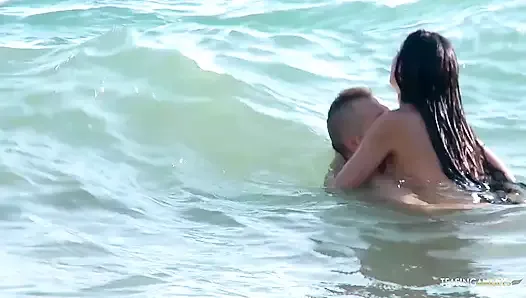 Getting her tits out on a nudist beach always turns on her big cock boyfriend