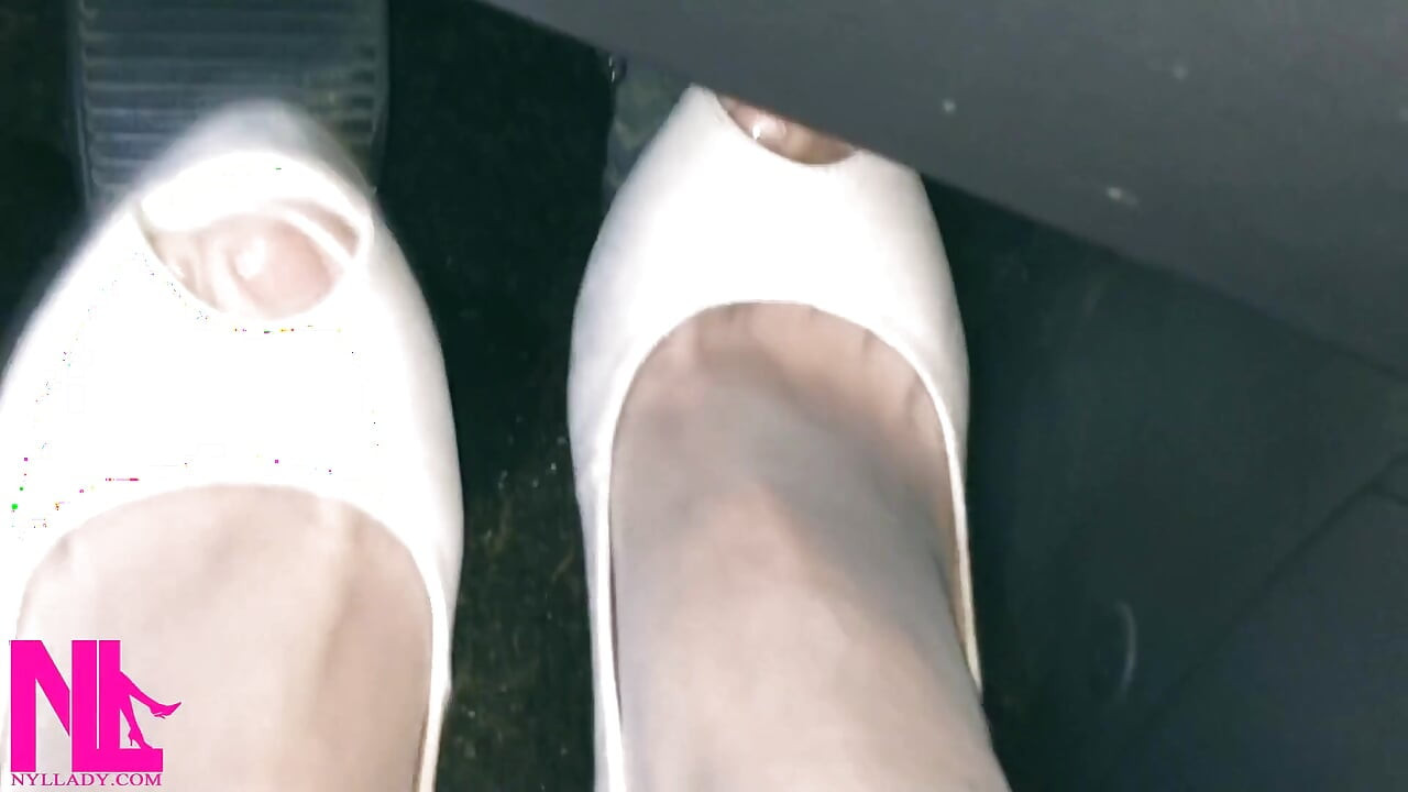 Revving and Crazy Pedal Pumping in White Stockings and White High Peeptoed Heeled Sandals
