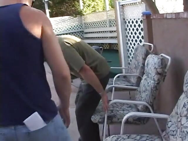 Blonde blows two men while getting penetrated from behind on a zebra couch