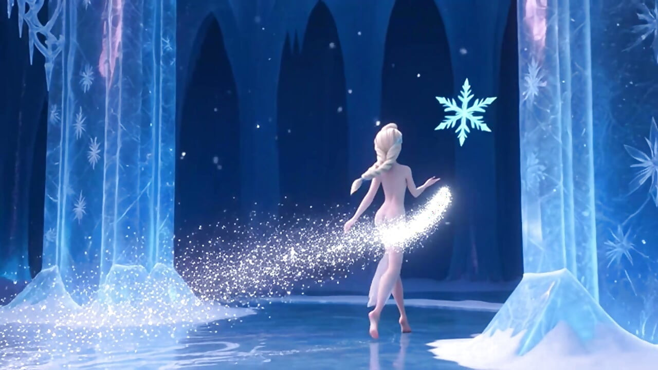 Impresionante desnuda Elsa elegante y elegante posa en su mágico palacio de hielo, animación 3D