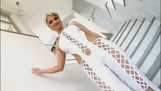 Joana Romain EURO Double Fucked Blonde MILF & Titus Steel, Mugur lingerie, high heels, short hair, sexy Milf slut, long version
