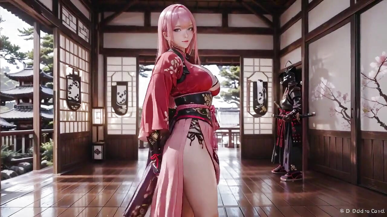 Crimson Samurai! Pink-haired Warrior Kneeling on Tatami, High-slit Kimono Slipping to Reveal Snowy Thighs.