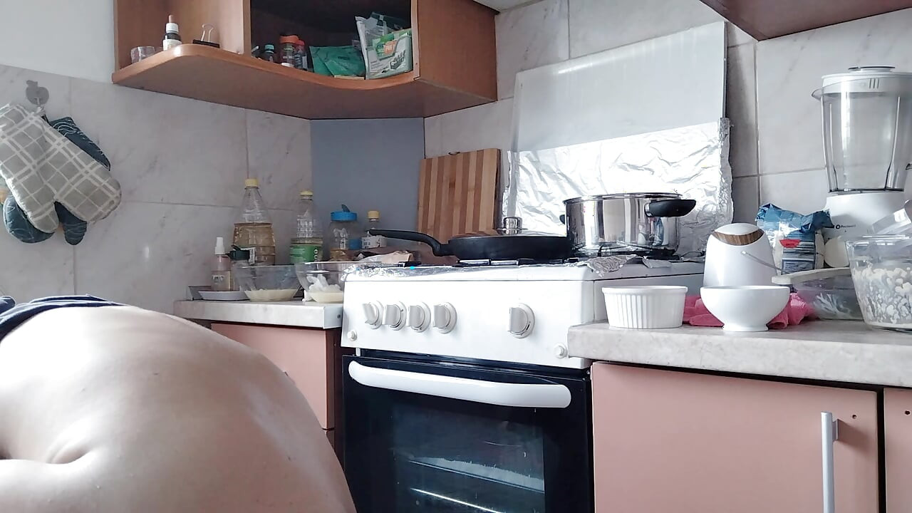 Sexy Naked Wife Preparing Food in the Kitchen. Hairy Brunette, Big Ass, Big Tits.