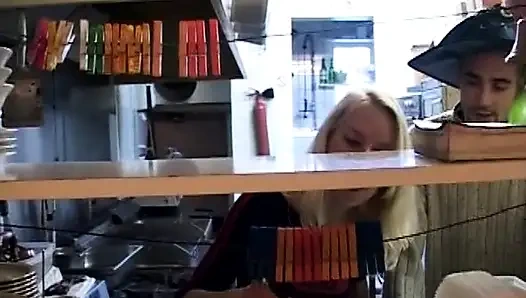 Wild French Babe Pleasing Two Cocks While Working in Kitchen