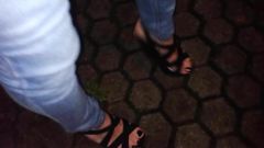 public cumshot and walking in 6inch platform sandals