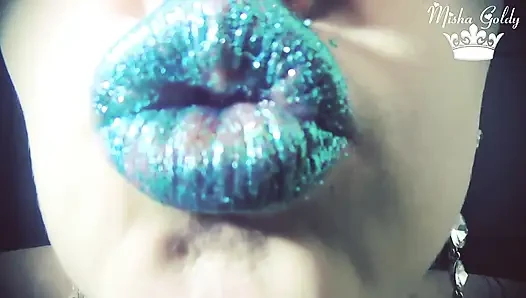 Blue glittery lips smelling & worship