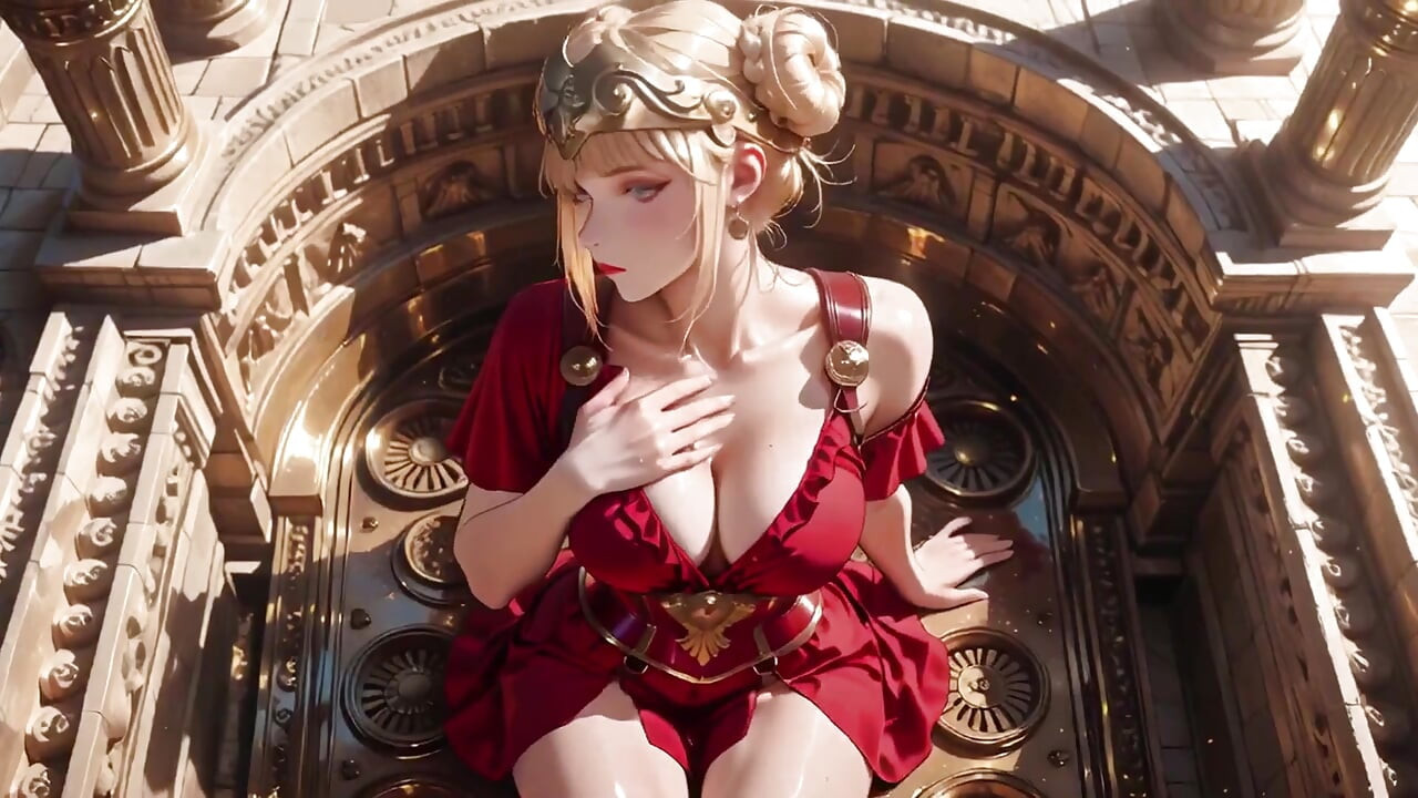 Red Armor Queen! Gaze in the Roman Corridor, Skirt Lift Reveal, Hand on Lips Teasing You...
