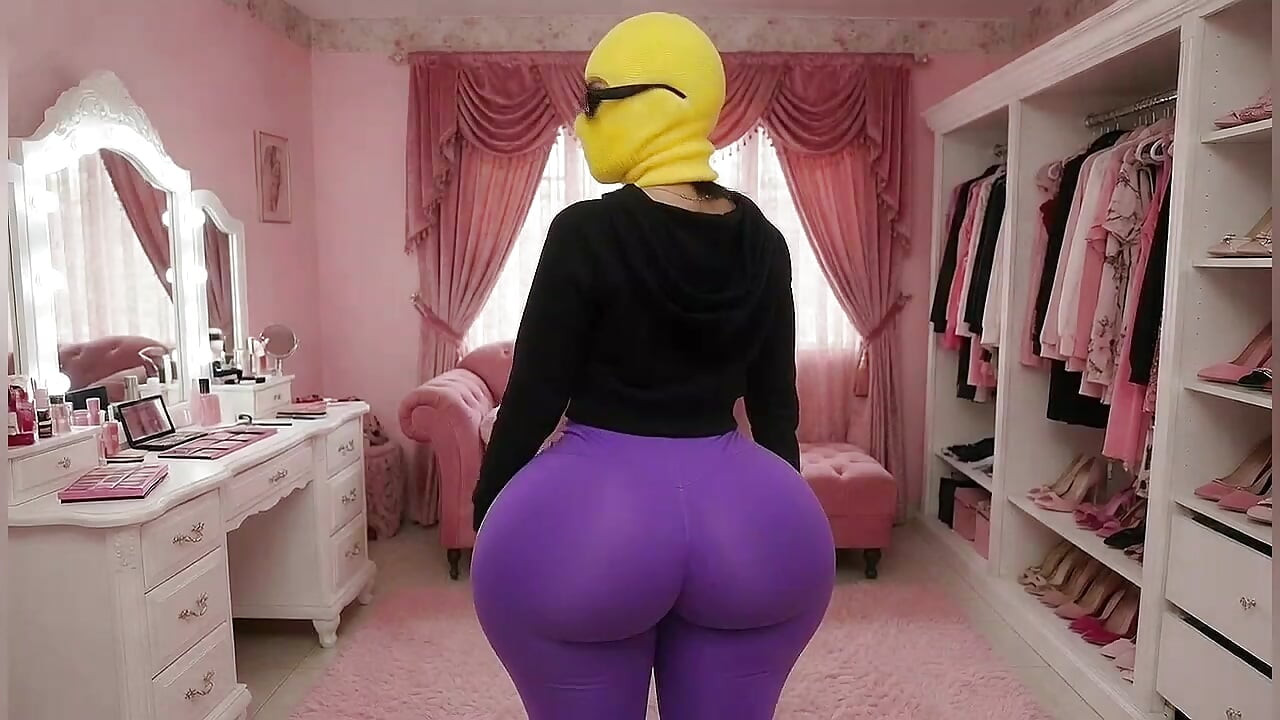 Tenger meisje met dikke kont twerkt in paarse legging van achteren