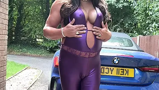 Sexy Crossdresser kellycd2022 in purple pvc catsuit and heels