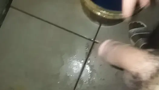 Slim man grabs his penis as a toy and starts masturbating all the time he was in the bathroom while they were not at home alone