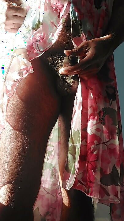 Shemale masterbate and cum in a silky seethrough Chiffon Fleared floral frock