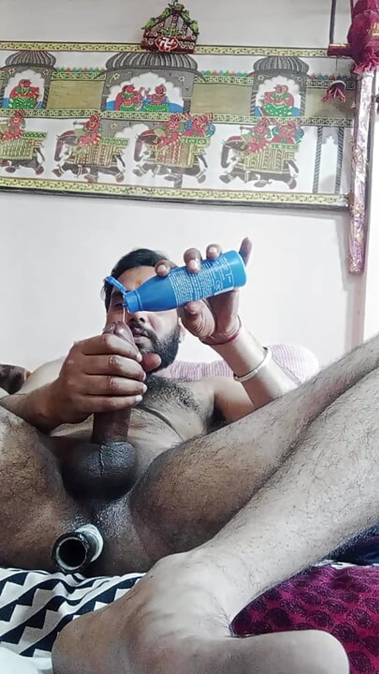 hairy indian man enjoy sex with dildo in live show with friends